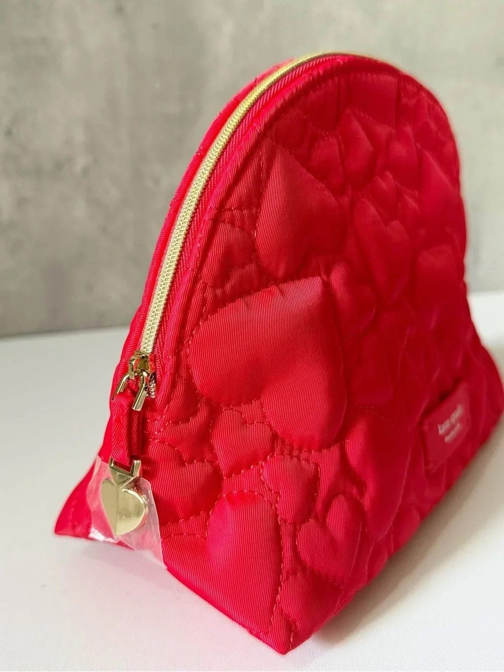 kate spade Red Quilted Heart Cosmetic Case with Gold Heart Charm